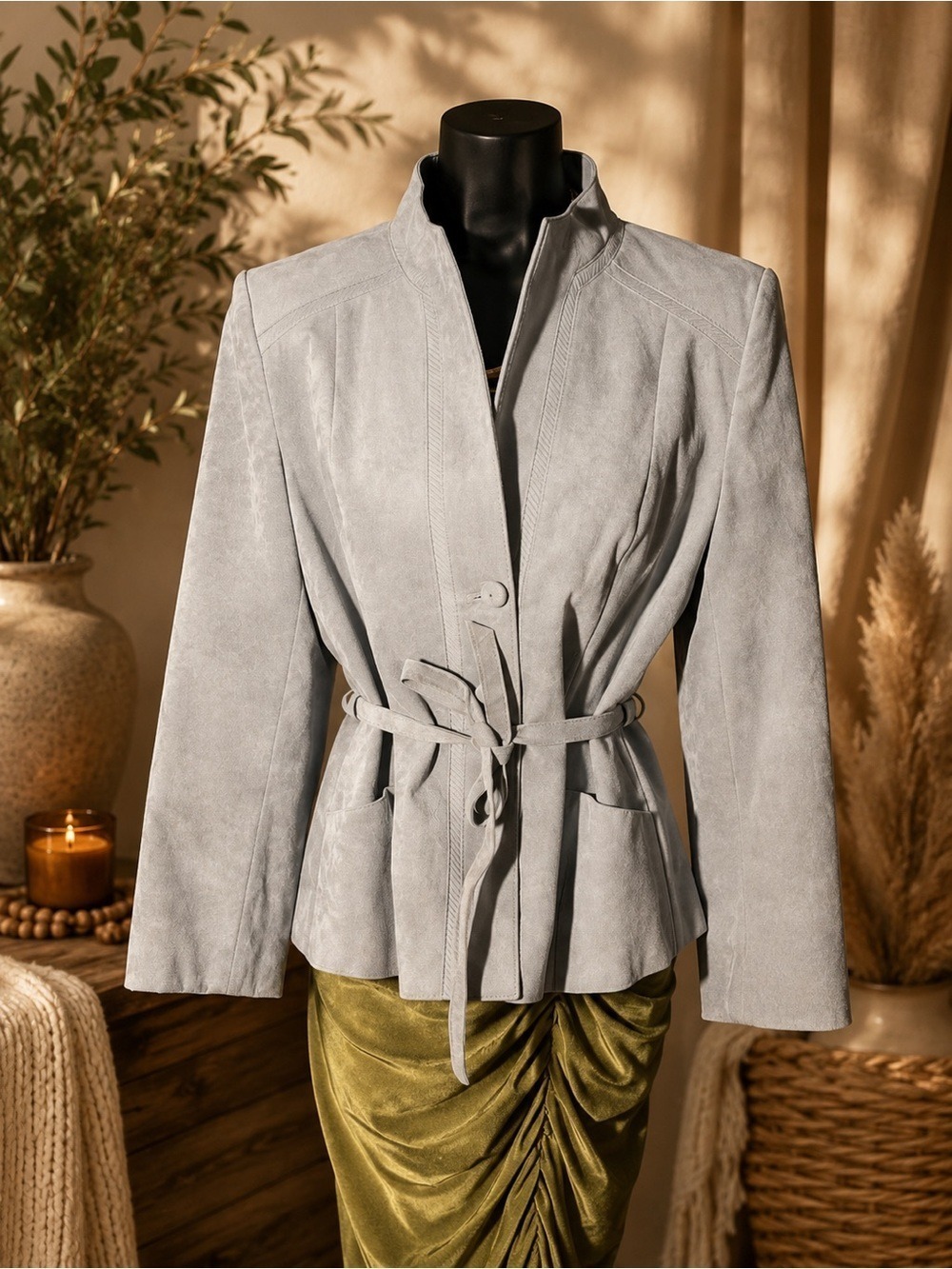 Vintage Made in Canada Faux Suede Belted Jacket • Mandarin Collar • Blue Blazer